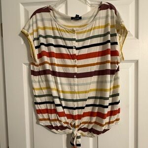 Chaps Striped Button Up Tie Front Boxy Top Large